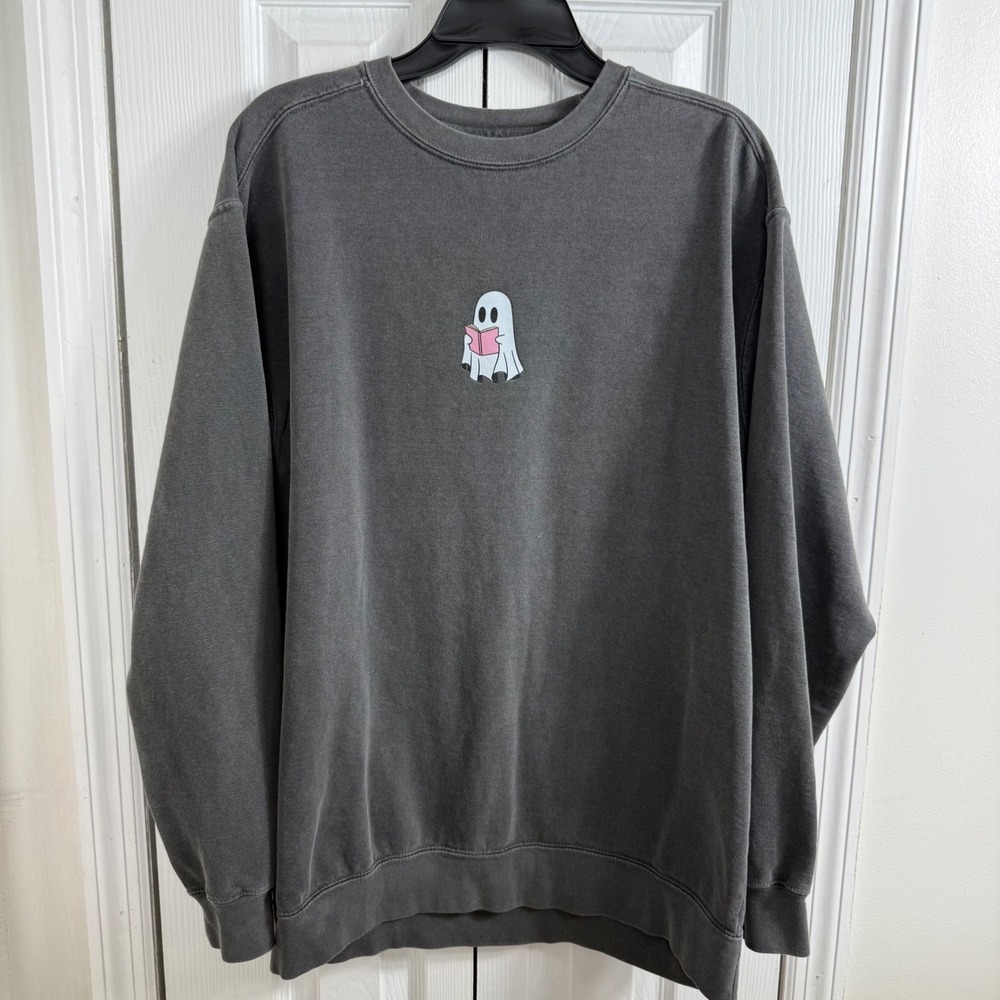 Comfort Colors Ghost Reading Sweatshirt L Grey Dark Academia Spooky Bookish Cozy
